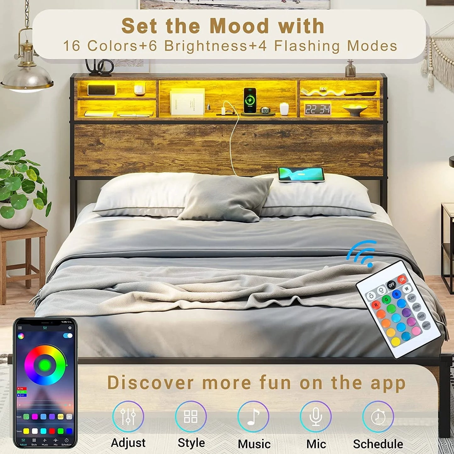 Full LED Bed Frame with Charging Station and Storage Headboard,Full Size Metal Platform Bed with LED Lights, Rustic Brown