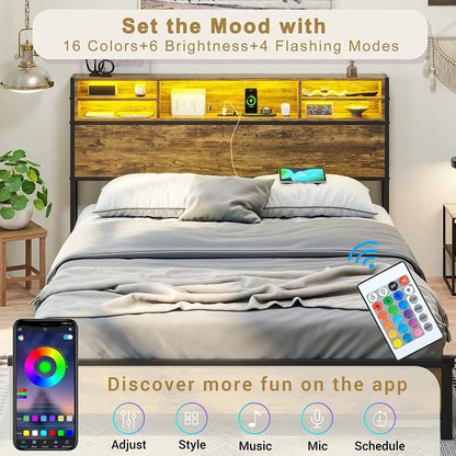 Full LED Bed Frame with Charging Station and Storage Headboard,Full Size Metal Platform Bed with LED Lights, Rustic Brown