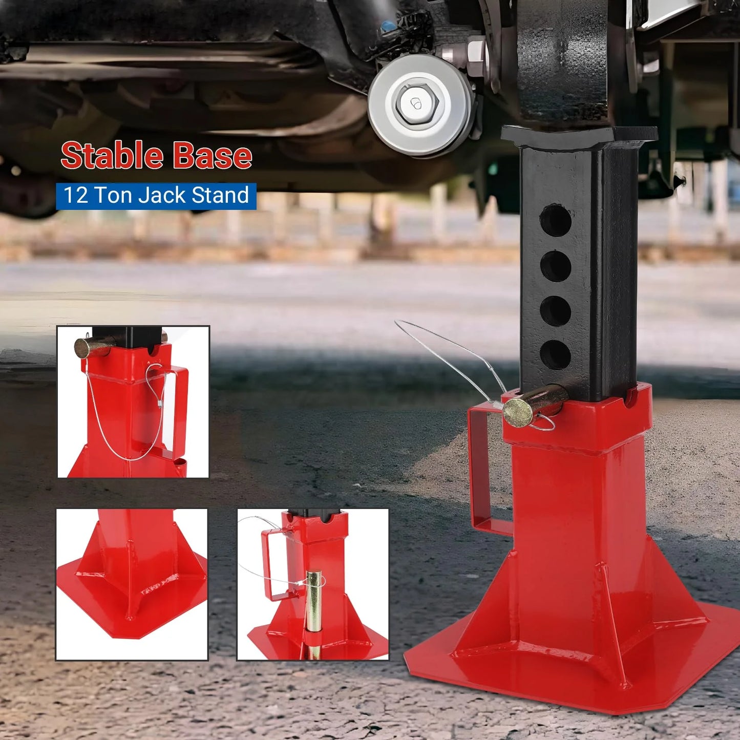 Garvee Car Jack,Floor Jack Stands,Jack Stand with Lock, for Supporting Trucks Trailers Car, Adjustable Height 11"-18", 12 Ton (26,400 Lb) Capacity, Red, 1 Pair