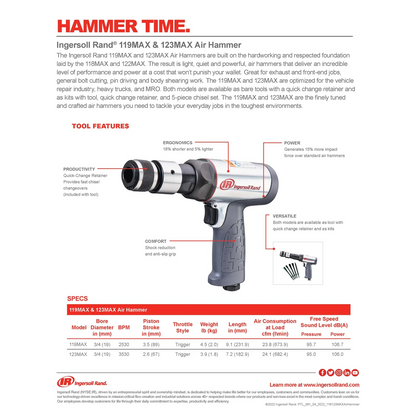 Ingersoll Rand 119MAXK Long Barrel Air Hammer, Low Vibration, for Vehicle Repair