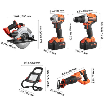 KFFKFF Equipment Set, 20V Brushless 5-Piece Set, Wireless Power Equipment Set, Wireless Drill and Impact Driver, inclusive of 4.0 Ah Batteries, Charging Device, Reciprocal Saw, Round Saw