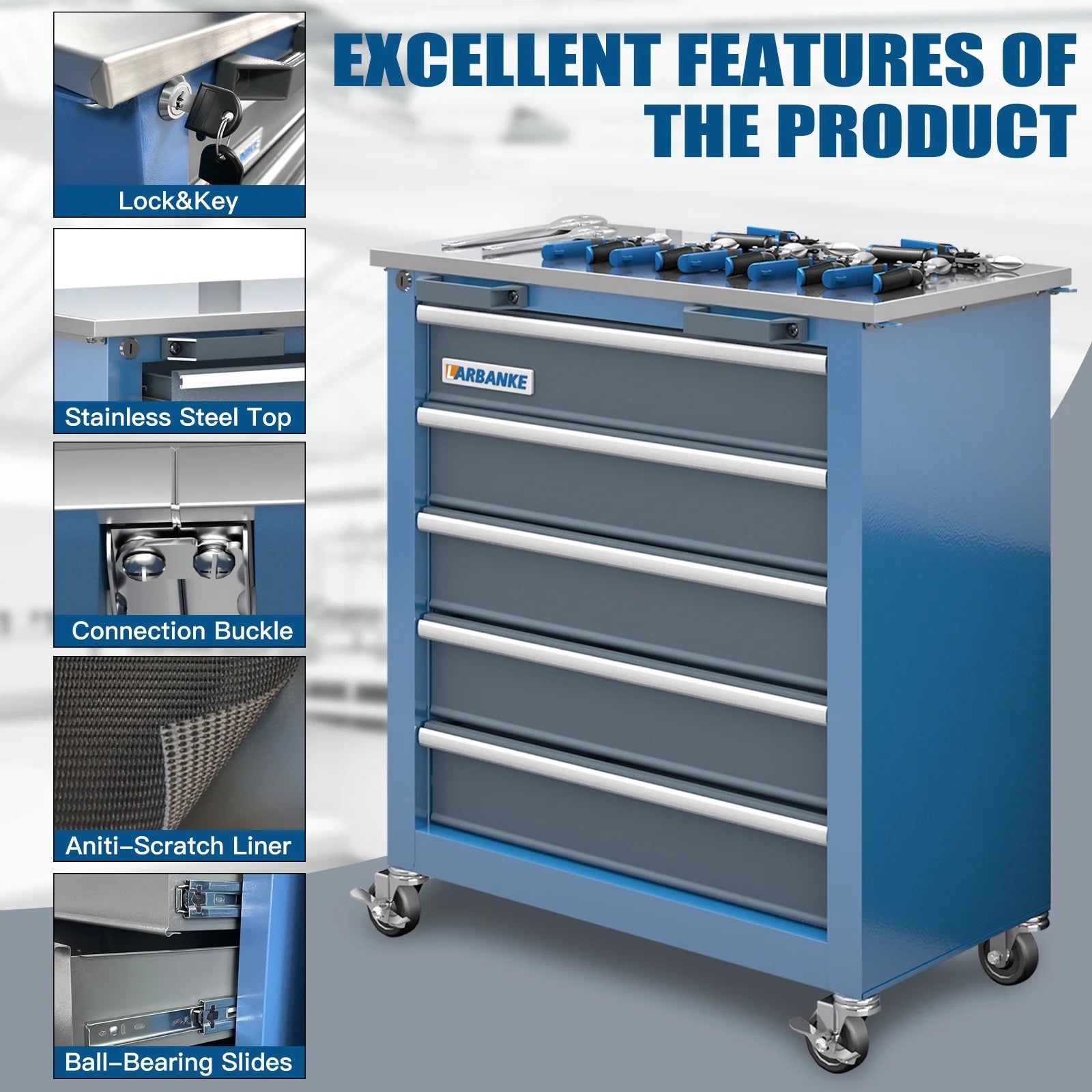 Rolling Tool Chest 5-Drawer Tool Cabinet with Stainless Steel Top Key Lock Heavy-Duty