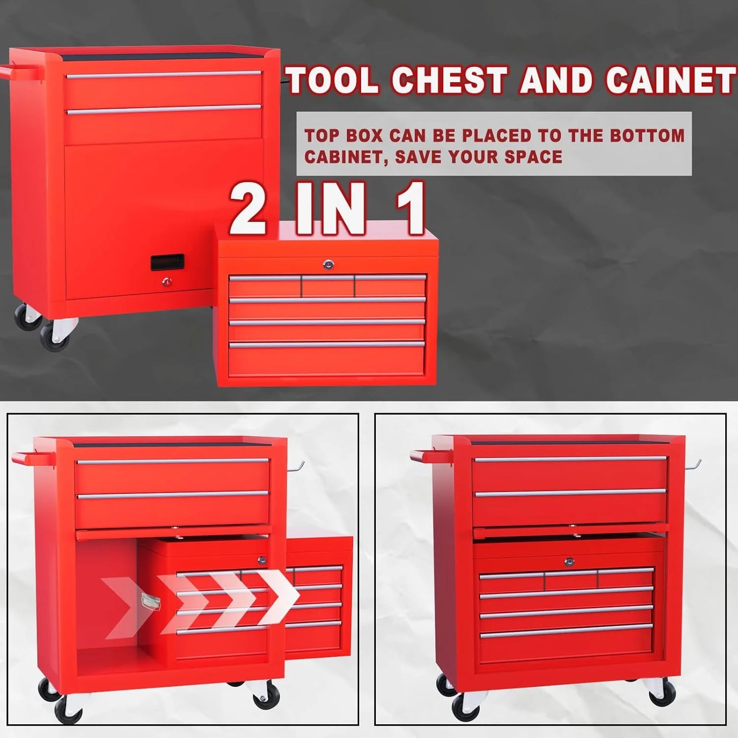 8-Drawer Rolling Tool Chest, 2-in-1 Tool Box with Wheels Metal Tool Chest Cabinet for Garage, Workshop, Red