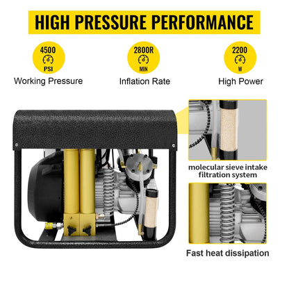 TUDIVING Air Compressor, 4500psi/300bar Auto stop PCP Air Pump, Inner Water and Fan Cooling System, Two Stage Filter for Paintball Diving, 110V