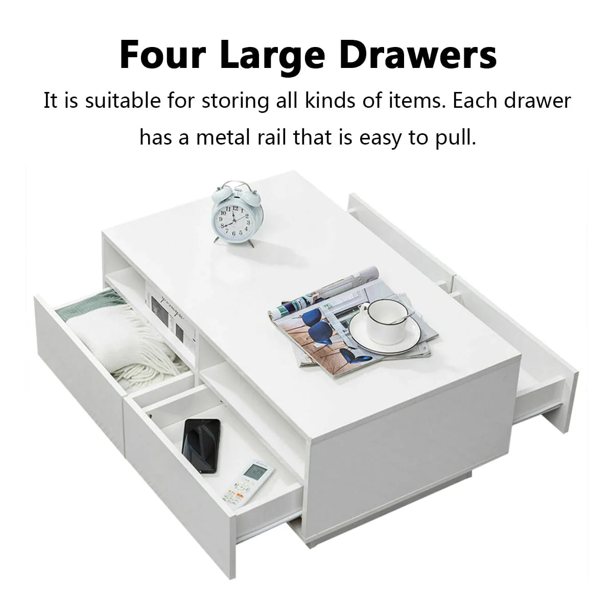 Hommpa LED Coffee Table Rectangular High Gloss Coffee Tea Table Modern Center Table with LED Light 4 Storage Drawers Sofa End Table for Living Room 35.4 x 22 x 13.8 Inches