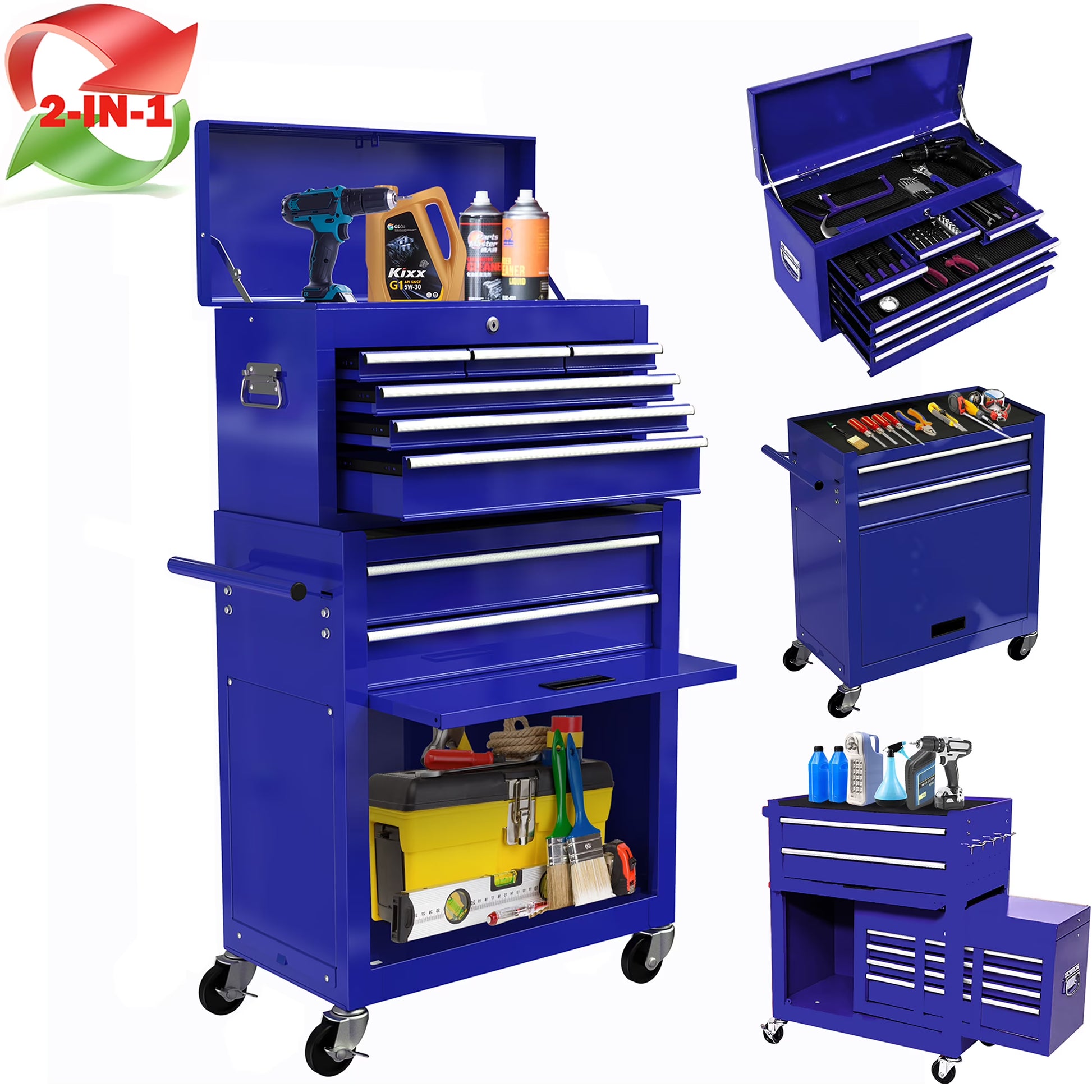 Seizeen 2-IN-1 Tool Chest & Cabinet, Large Capacity 8-Drawer Rolling Tool Box Organizer with Wheels Lockable, Black