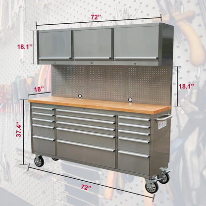 72 Inch Stainless Steel Rolling Tool Chest with 15 Drawers + 3 Upper Cabinets, Mobile Workbench, Assembled Large Tool Box Lockable Storage Cabinet with Wheels for Garage Workshop