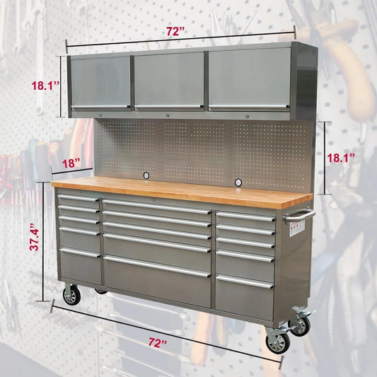 72 Inch Stainless Steel Rolling Tool Chest with 15 Drawers + 3 Upper Cabinets, Mobile Workbench, Assembled Large Tool Box Lockable Storage Cabinet with Wheels for Garage Workshop