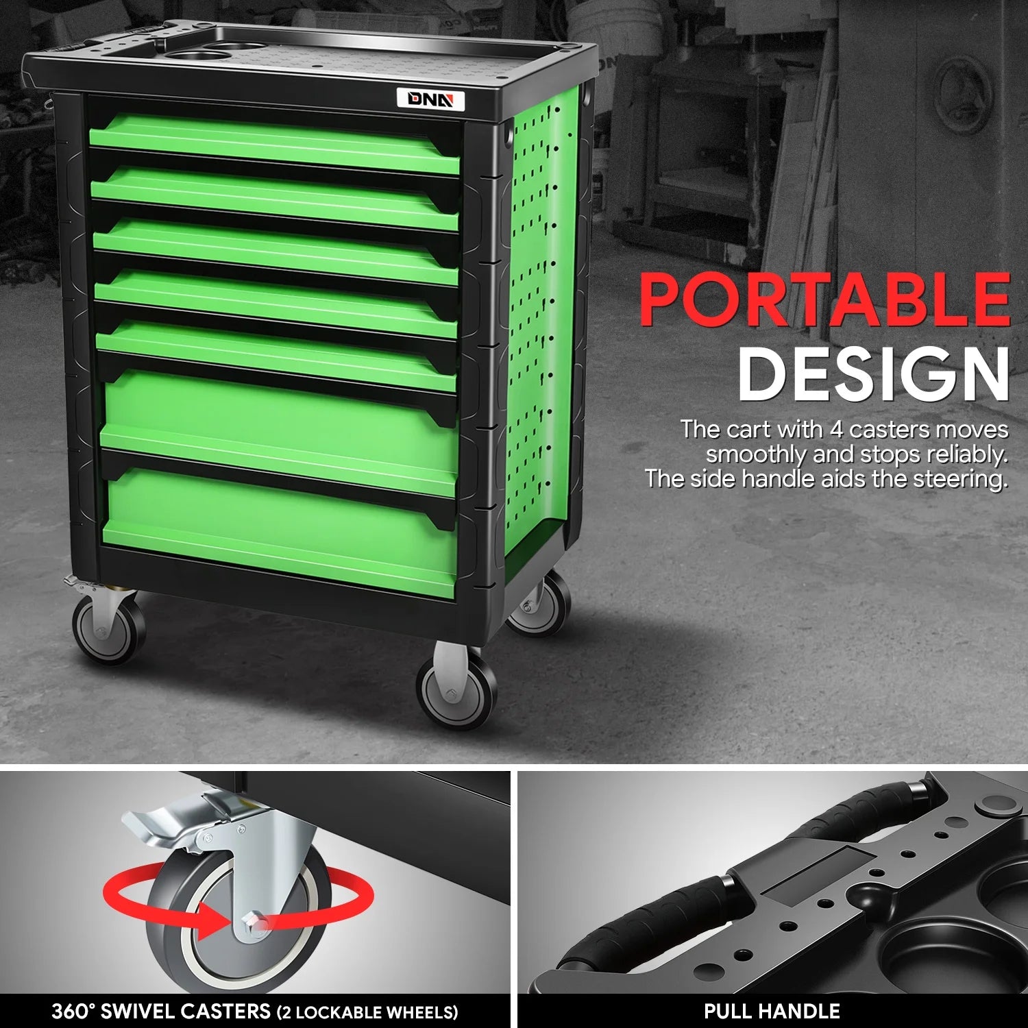 7-Drawers Rolling Tool Chest Cabinet with Casters, Locking System, Top Tray, for Garage Warehouse Workshop, Green