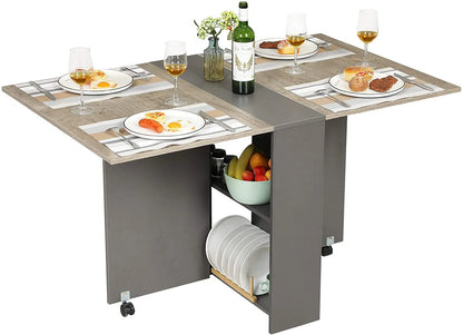 Folding Dining Table with 2 Storage Racks, Multifunction Expandable Table with 6 Wheels,Drop Leaf Table for Kitchen Bedroom Living Room, White
