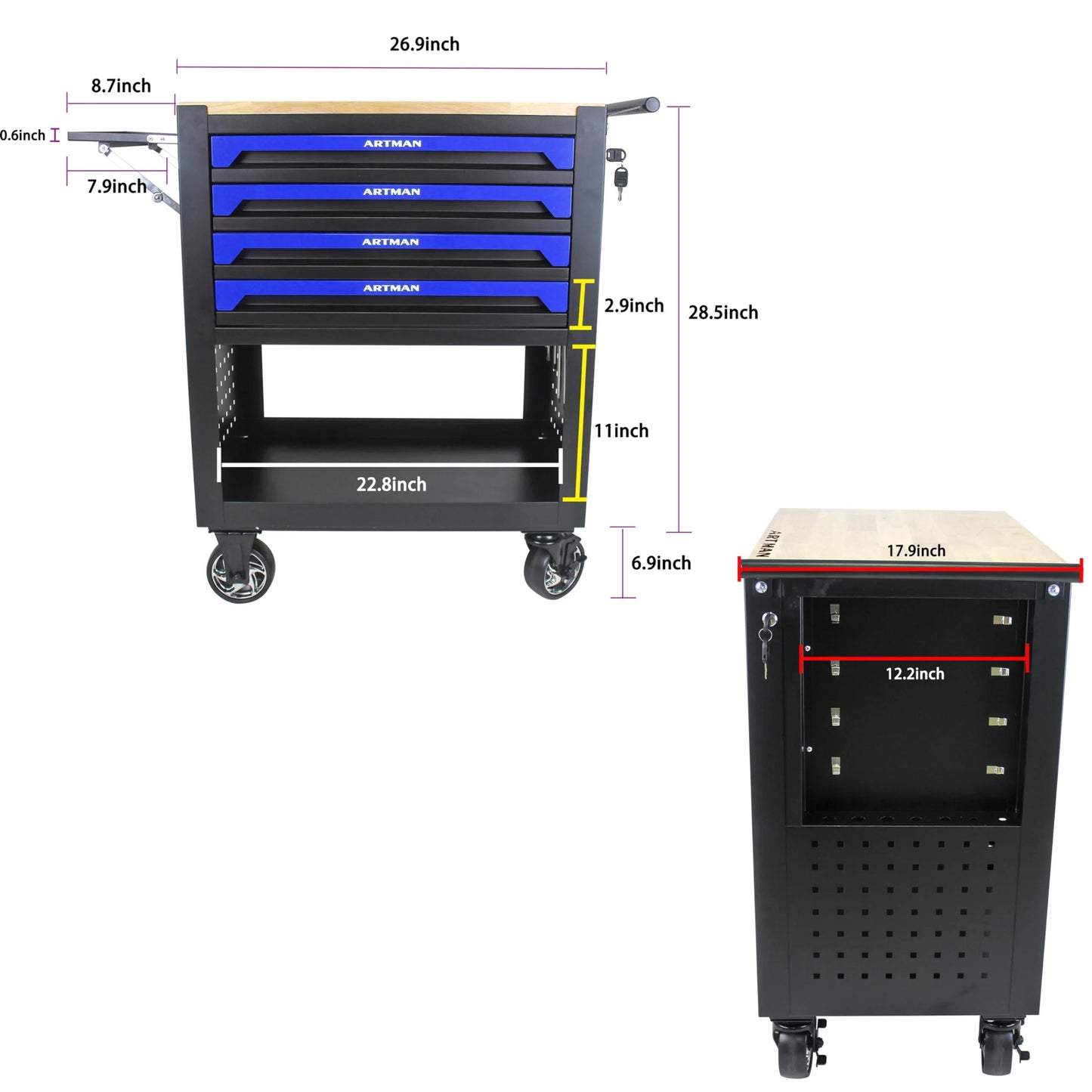 NIGSQJB 4 Drawers Tool Chest on Wheels, 35.4"H Tool Storage Cart with Wooden Top,Drawers Rolling Tool Box Organizer Tool Case with Lock for Garage,Warehouse,Workshop,Repair Shop, Blue Black