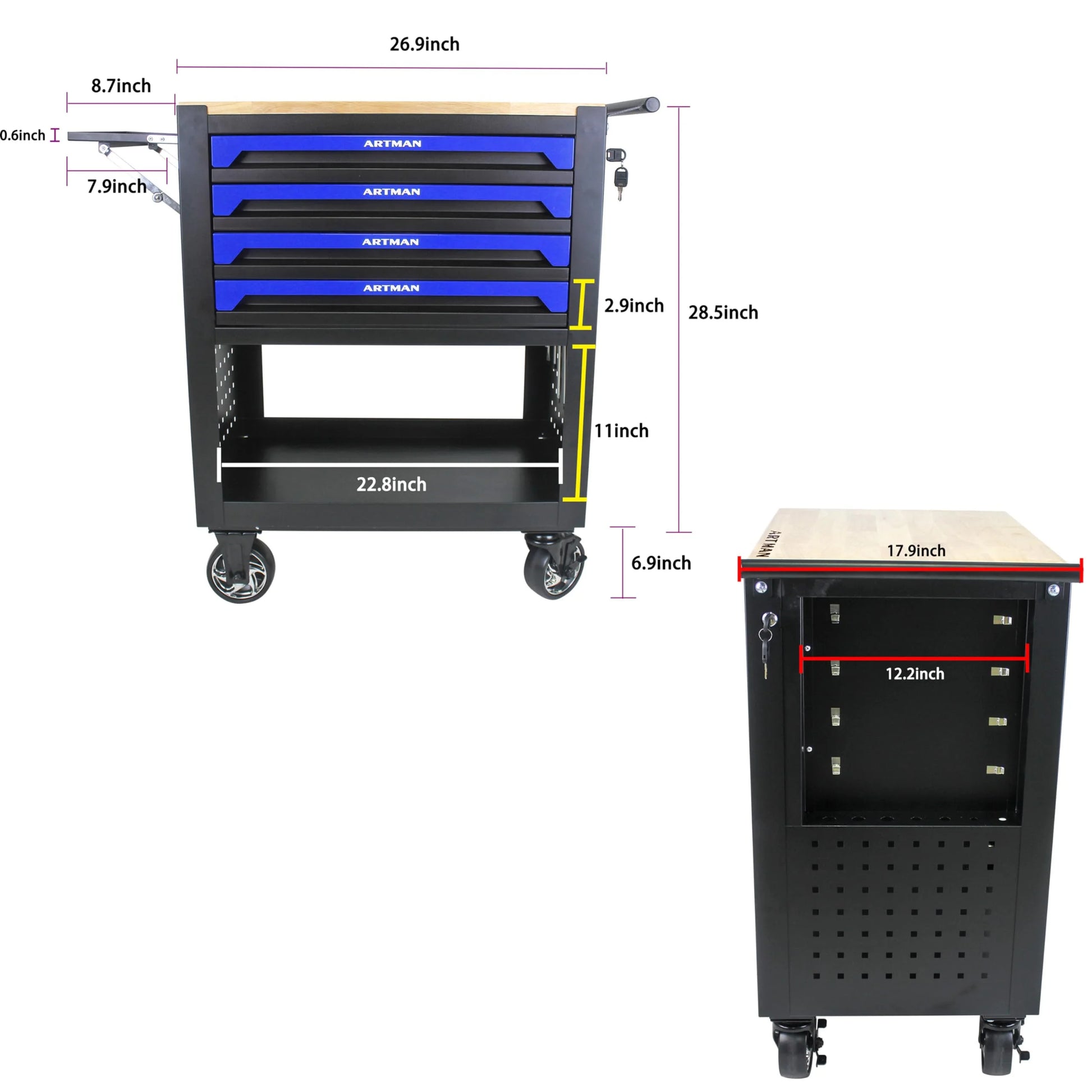 NIGSQJB 4 Drawers Tool Chest on Wheels, 35.4"H Tool Storage Cart with Wooden Top,Drawers Rolling Tool Box Organizer Tool Case with Lock for Garage,Warehouse,Workshop,Repair Shop, Blue Black