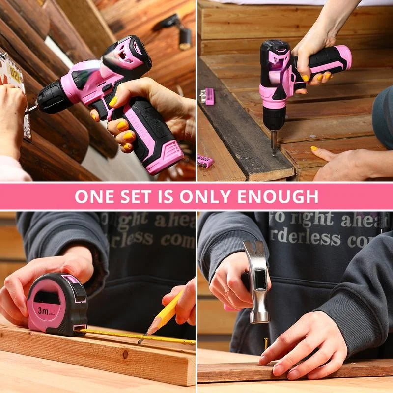 126-Piece Pink Household Tool Set with 8V Cordless Drill, Rechargeable Battery, All-in-One Compact Tools kit, Perfect , Ideal for Home Repairs & DIY Projects