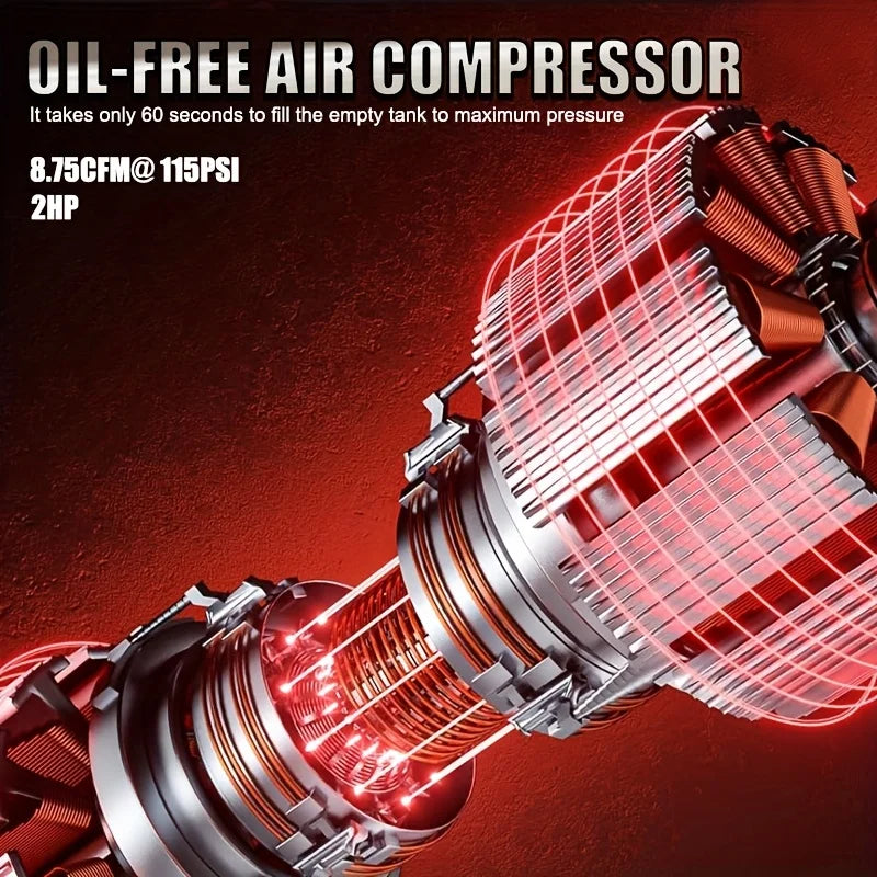 Datingday Ultra Quiet Air 8 Gallon 1.6HP Compressor with Two Quick Couplers & Wheels,Fast 60-Second Inflation & Auto Safety Features ,Max 115 PSI Oil-Free Air Compressor Tank for Home/Commercial Use
