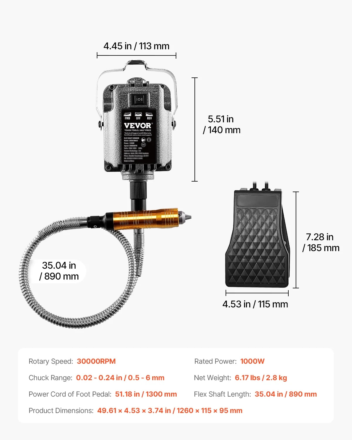 VEVOR Flex Shaft Grinder, 1000W 30,000RPM Electric Flex Shaft Rotary Tool Carver, Multi-functional Hanging Grinding Machine with 31PCS Accessories & Foot Pedal for Carving Buffing Drilling Polishing