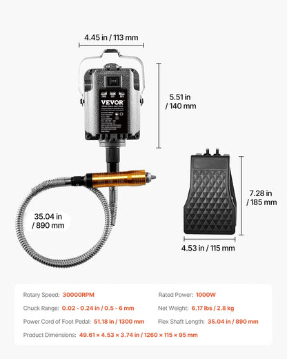 VEVOR Flex Shaft Grinder, 1000W 30,000RPM Electric Flex Shaft Rotary Tool Carver, Multi-functional Hanging Grinding Machine with 31PCS Accessories & Foot Pedal for Carving Buffing Drilling Polishing