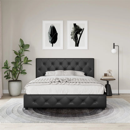 River Street Designs Dean Upholstered Bed With Storage, Black Faux Leather, Queen