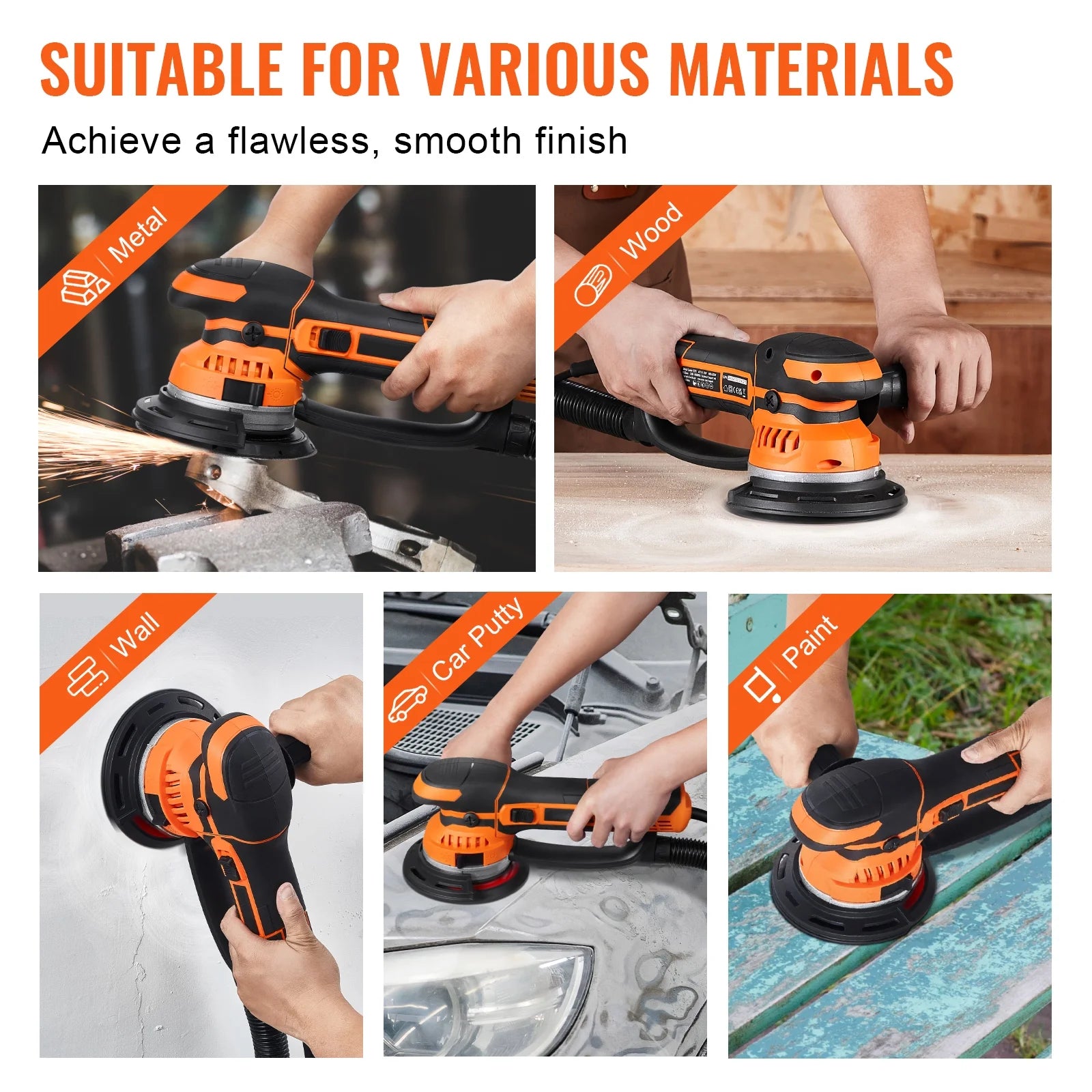 KFFKFF Eccentric Sander,Dual Function 6-Inch DA & GA Orbital Sander,850W 7400PRM with 6 Adjustable Speeds,Electric Hand Sander including 10PCS Sandpapers,Dust Attachment for Detailed Woodwork Sanding