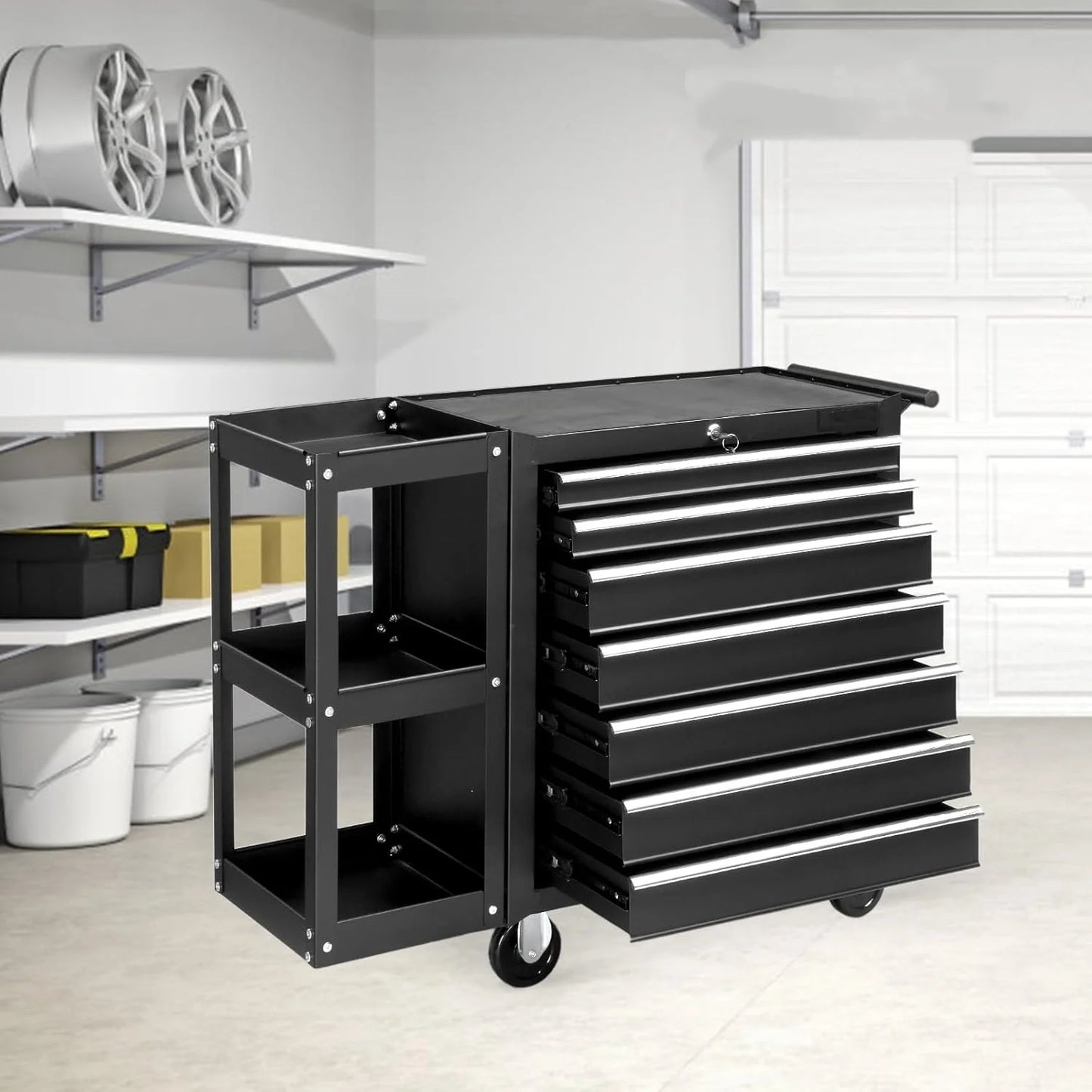 Ktaxon 7-Drawer Rolling Tool Chest with Side Shelves, Tool Storage Side Cabinet w/Lockable Wheels, for Warehouse Garage Repair Shop