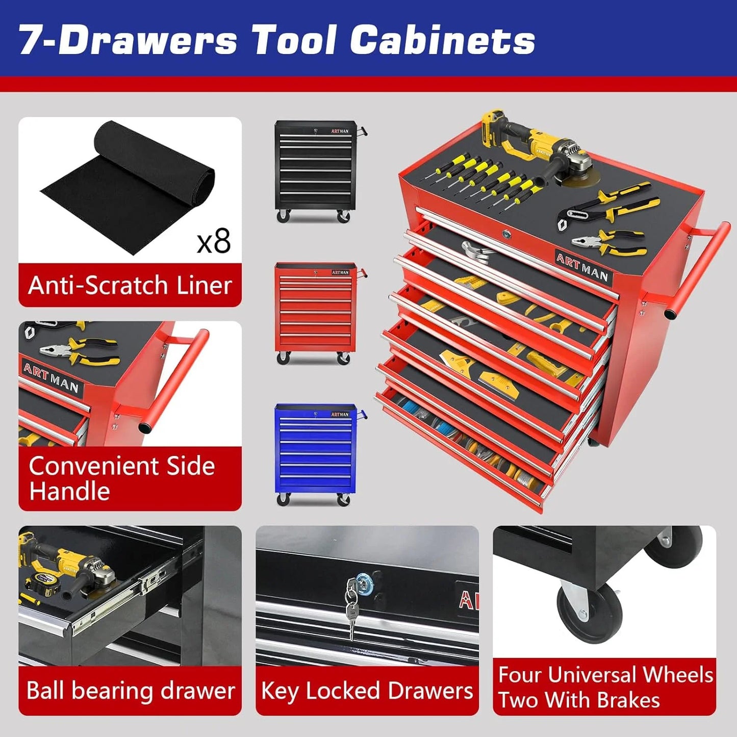 taoruifang 7-Drawer Rolling Tool Cabinet, Anti-Rust Tool Chest With Lock, Storage Organizer for Garage, Workshop
