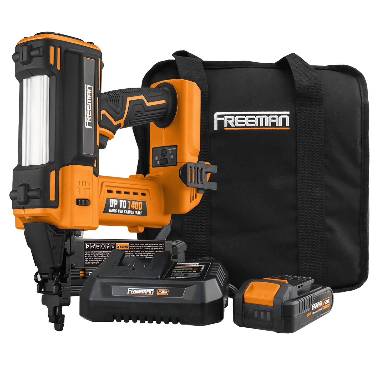 Freeman PE20V2118G2 20 Volt Cordless 2-in-1 18-Gauge Nailer/Stapler Kit with Lithium Ion Battery, Charger, Bag, and Fasteners (400 Count) - 1400 Shots per Charge