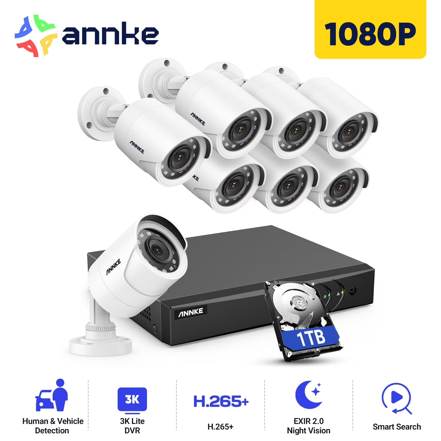 ANNKE 3K Lite Wired Security Camera System with AI Human/Vehicle Detection, H.265+ 8CH Surveillance DVR with 1TB Hard Drive and 8 x 1080p HD Outdoor CCTV Camera, 100 ft Night Vision, Remote Access