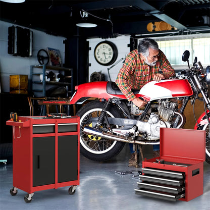 Aukfa Tool Box, 2-in-1 Rolling Tool Chest & Cabinet on Wheels for Garage Workshop, 5-Drawer, Red& Black