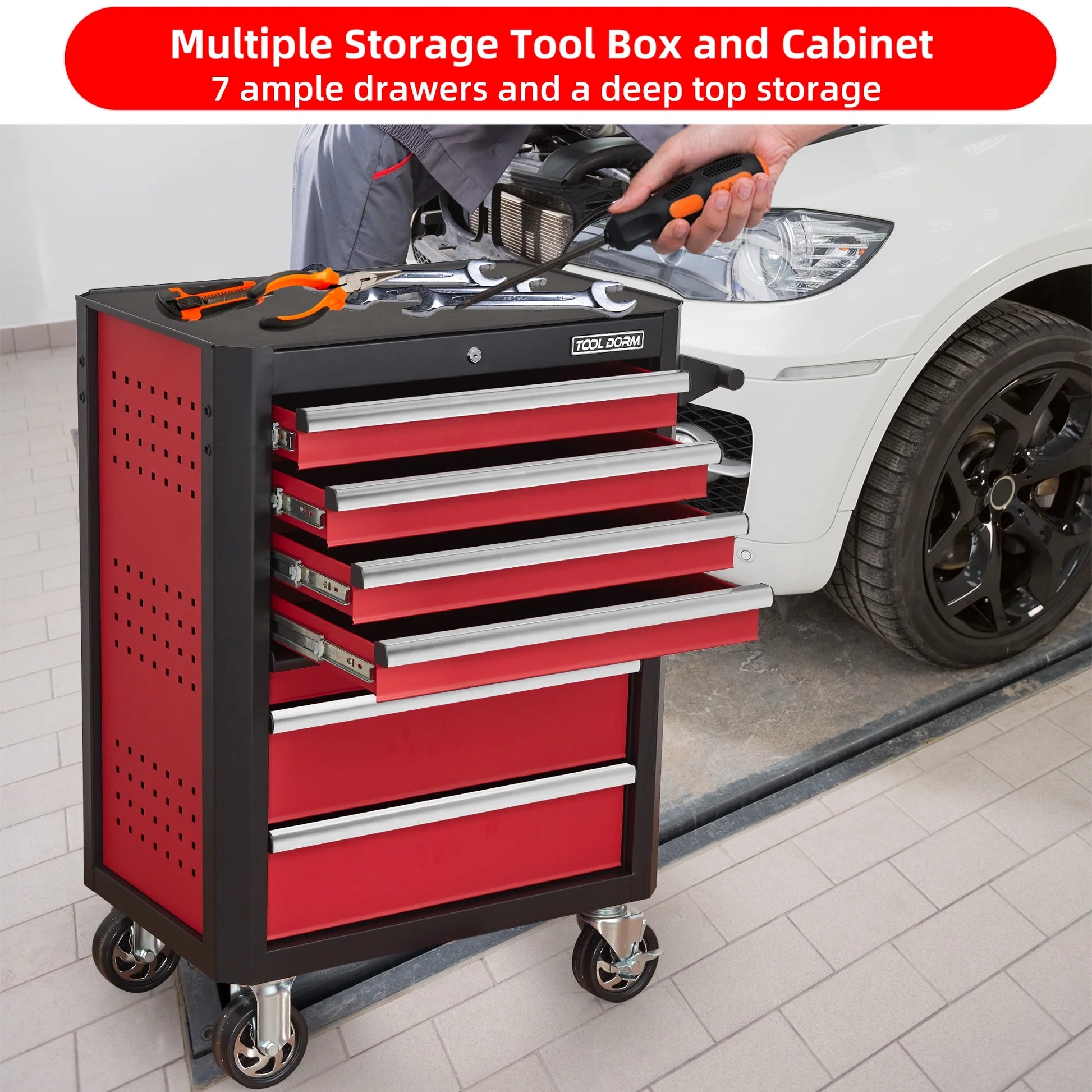28inchTool Cabinets Rolling Toolbox with 7 Drawers, Metal Tool Chest with Wheels, Tool Cart for Garage, Warehouse, Repair Shop, Workshop