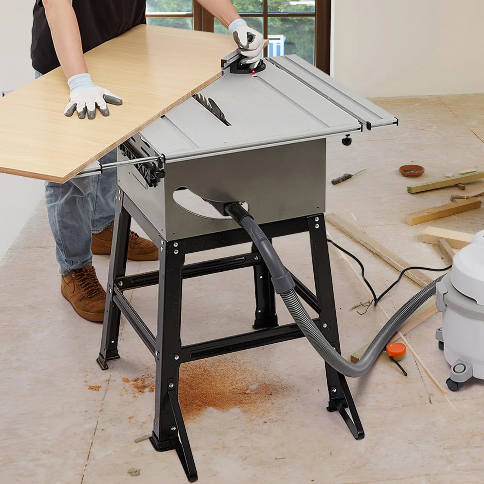 Garvee 10" Table Saw - 15A Electric Table Saw with Metal Stand, 90? Cross Cut & 0-45? Bevel Cut, Cutting Speed Up to 5000RPM Multifunctional Saw Adjustable Blade Height for Woodworking,Gray
