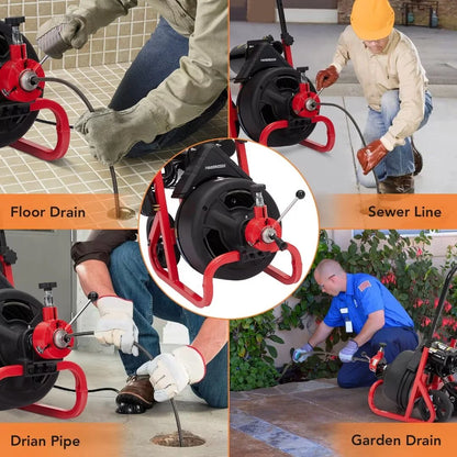 Drain Cleaner Machine, 100 Ft X 3/8 Inch Electric Drain Snake with 6 Cutters, Electric Drain Clog Remover Plumbing Tool for 2-4" Pipes