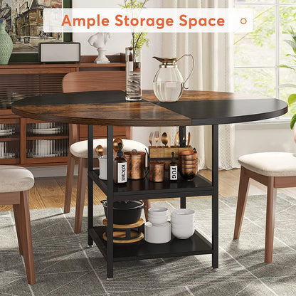 Tribesigns Round Dining Table for 4, 47" Kitchen Table Small Dinner Table with Storage Shelf, Rustic Brown & Black