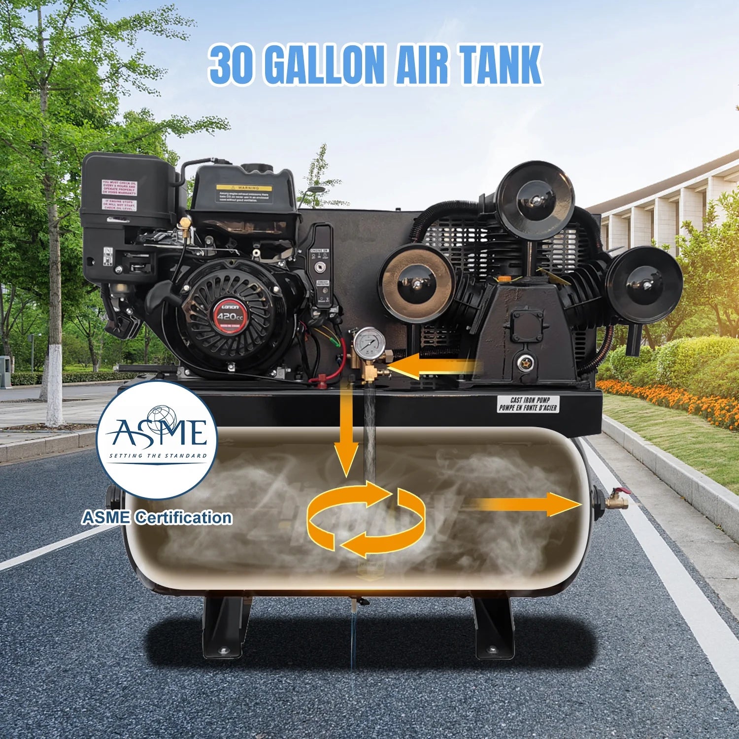 HPDMC 30 Gal Gas Powered Air Compressor 13HP 35CFM Electric Start Gas Driven Piston Pump Air Compressed System with 125PSI Max. Pressure and ASME Tank for Workshop, Machinery, Construction Sites