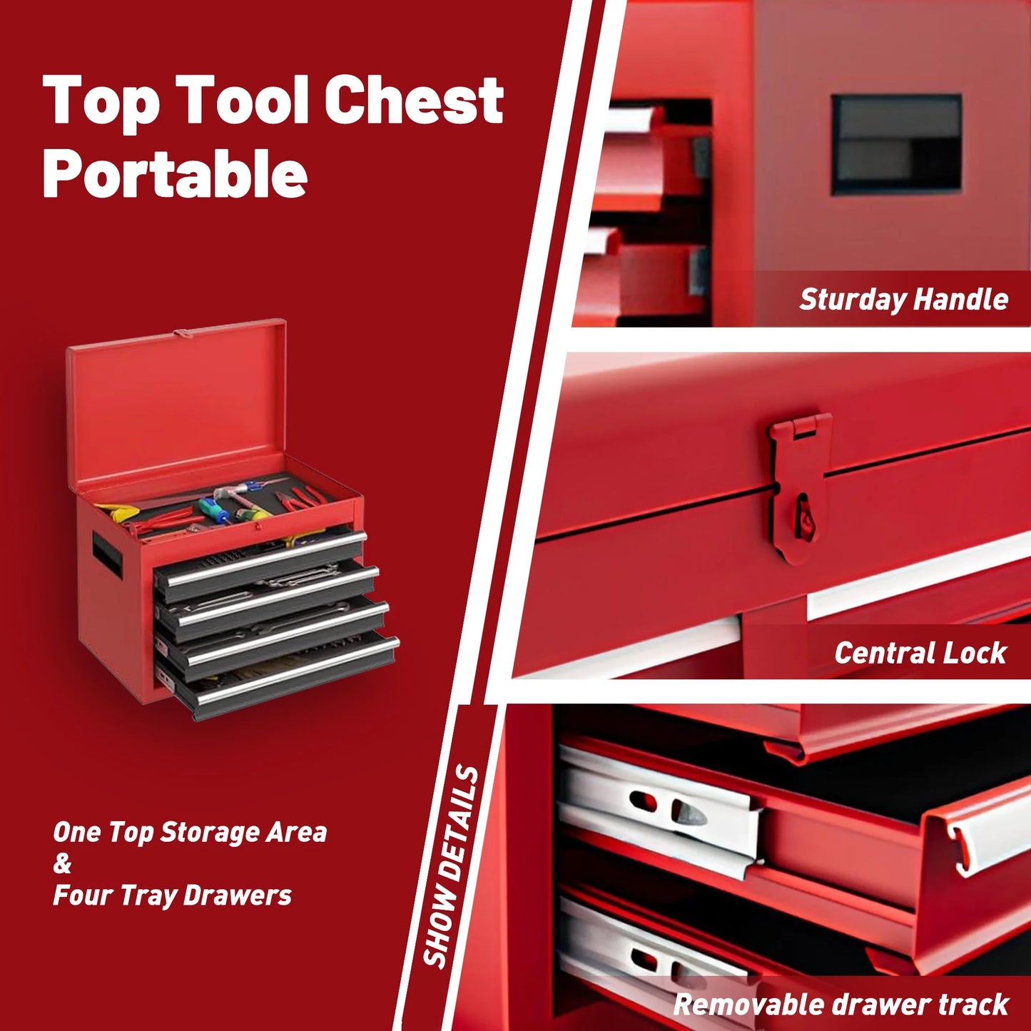 Aukfa Tool Box, 2-in-1 Rolling Tool Chest & Cabinet on Wheels for Garage Workshop, 5-Drawer, Red& Black