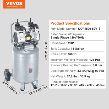 VEVOR 13 Gallon Air Compressor, 2HP 4.6 SCFM@90PSI Oil Free Air Compressor Tank, 66dB Ultra-Quiet Compressor for Tire Inflation, Auto Repair, Woodwork Nailing, Spray Painting (125PSI Max Pressure)