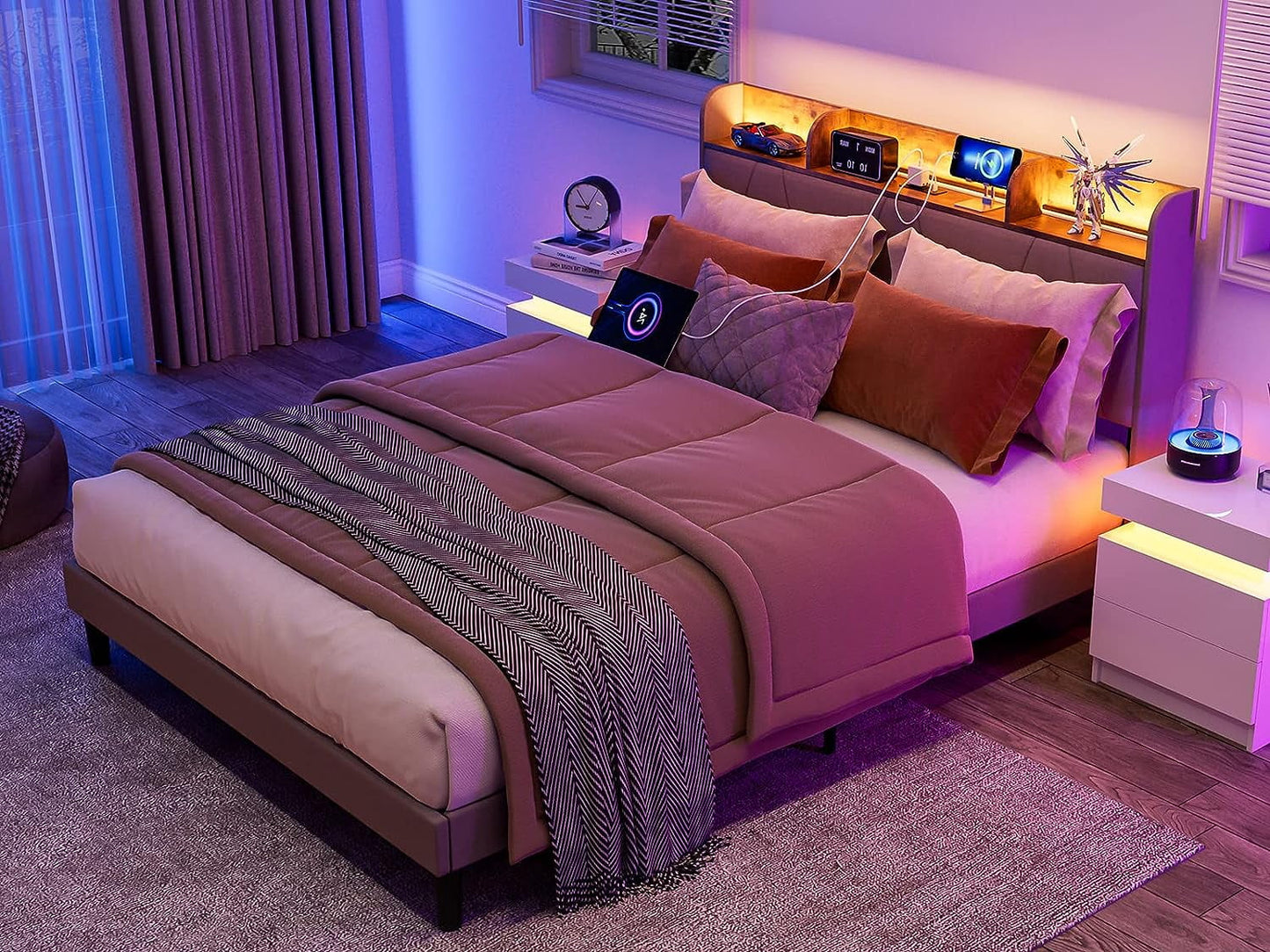 IKIFLY Queen Bed Frame with Charging Station & Storage Shelf Headboard, Upholstered LED Bed Frame with 2 Outlets and 2 USB Ports(1 Type C), Solid Wood Slats, No Box Spring Needed - Light Brown