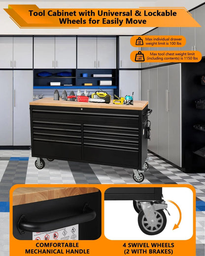 M optimized 61" Rolling Tool Chest with 9 Drawers, Lockable Tool Cabinet with Wheels, Mobile Workbench for Garage and Workshop Storage, Large Rolling Tool Chest