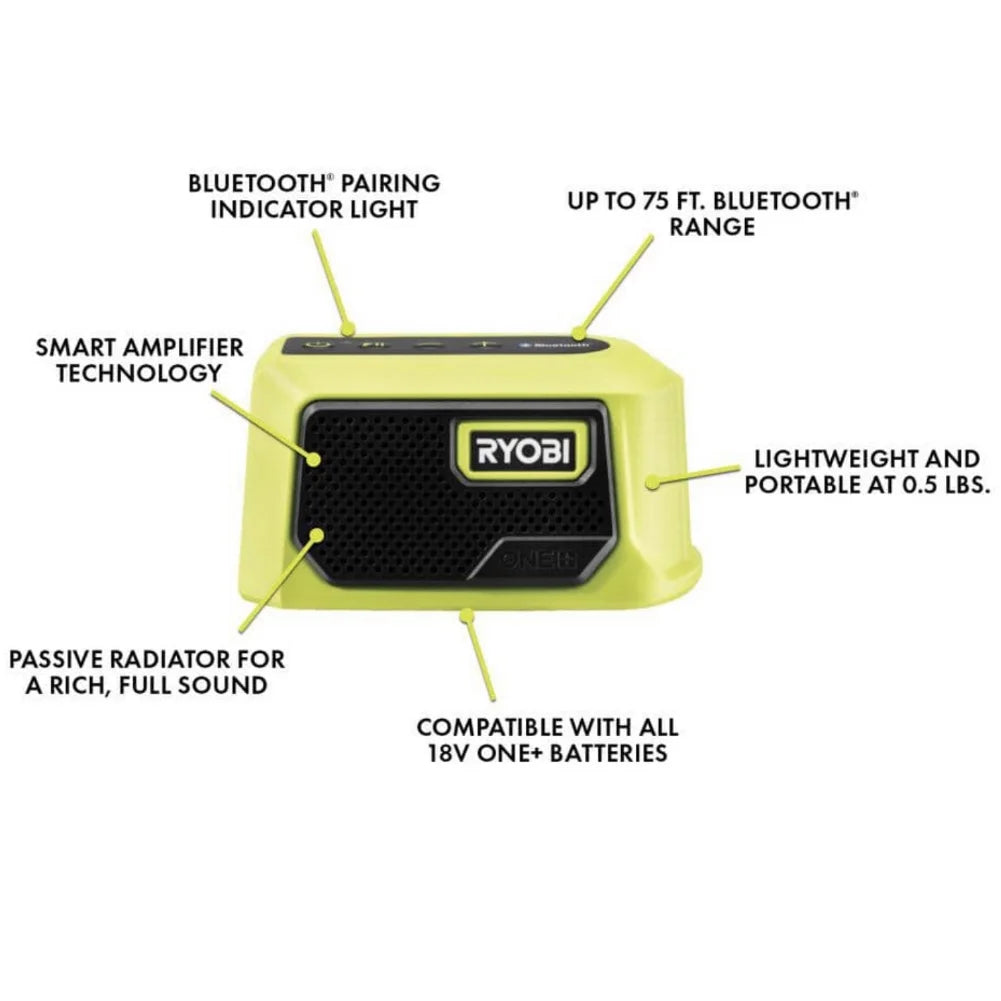 Ryobi 3-Tool Camping Kit Bundle with Compact Area Light, Bluetooth Speaker, 4 inch Clamp Fan, 18-Volt 1.5 Ah Lithium-ion Battery, Charger and 16 inch Buho Tool Bag