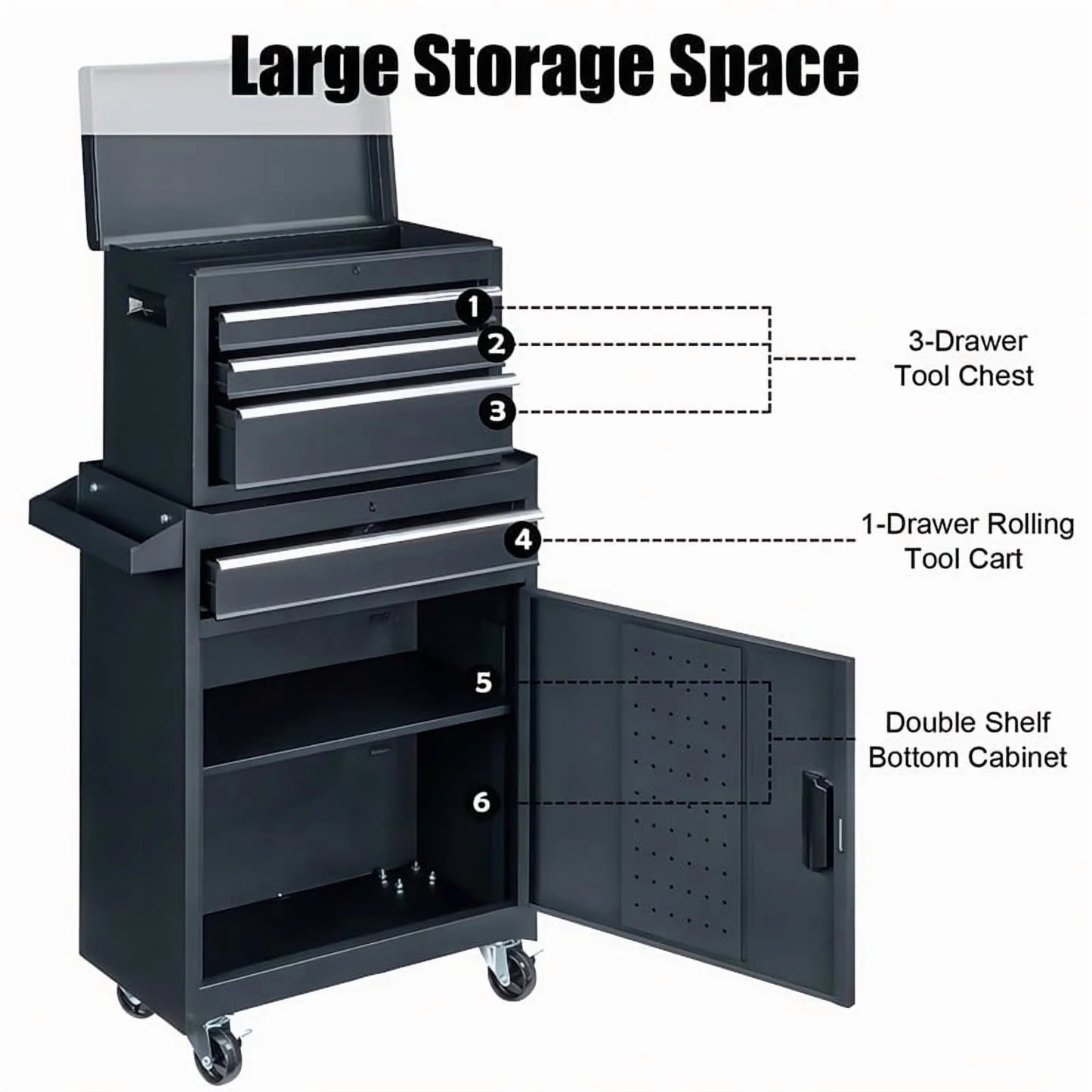 Gundir 4-Drawer Rolling Tool Chest with Lockable Wheels, 2 in 1 Storage Cabinet and Detachable Top Box for Garage Workshop Automotive Repair, Black