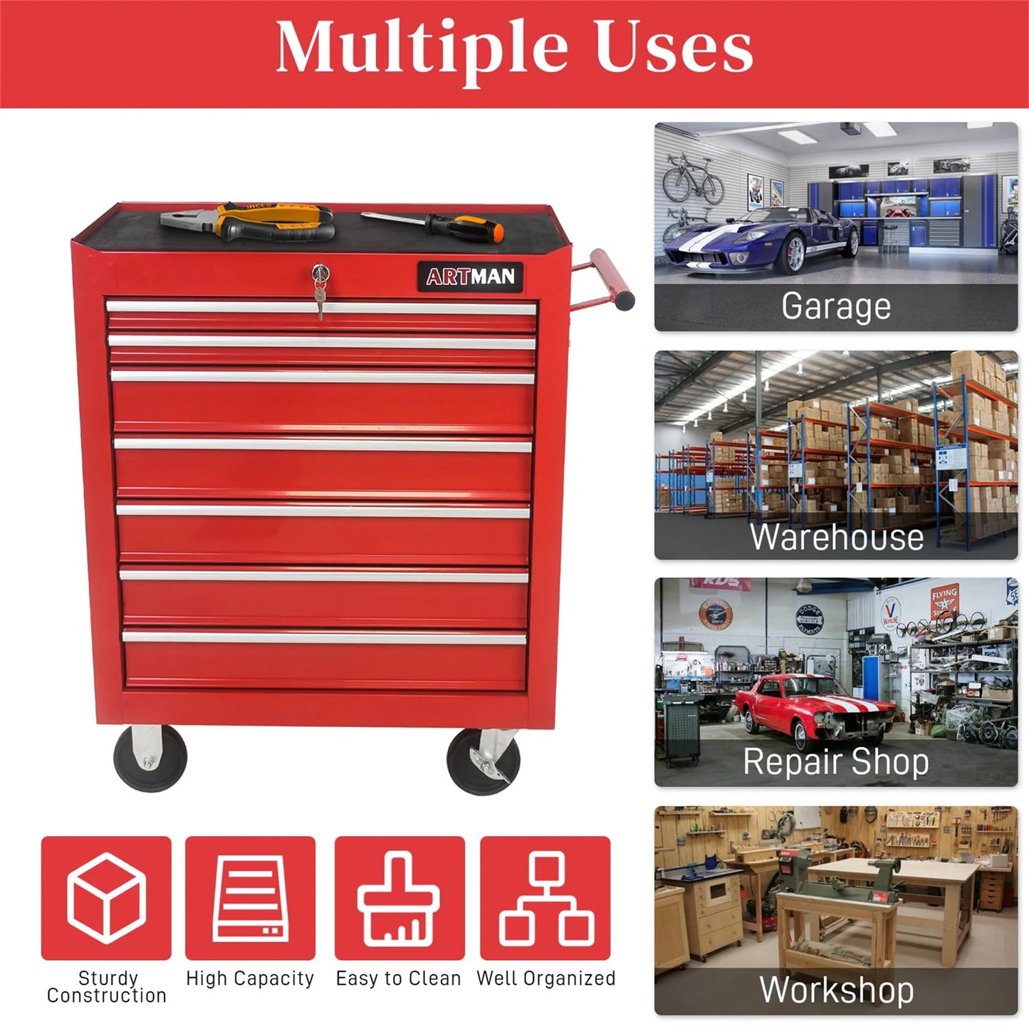 Aukfa Tool Chest, 24.5 in 7-Drawer Steel Rolling Tool Box on Wheels for Workshop Garage, Red