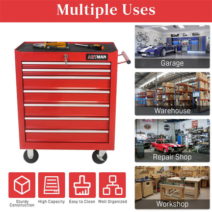Aukfa Tool Chest, 24.5 in 7-Drawer Steel Rolling Tool Box on Wheels for Workshop Garage, Red