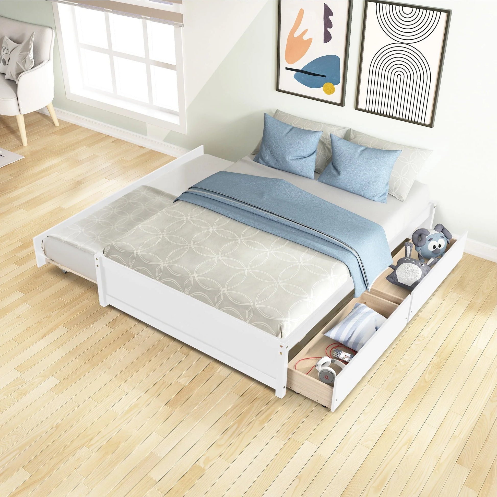 Full Size Platform Bed with 4 Storage Drawers, Solid Wood Bed Frame with Headboard and Slat Support, Storage Bed Frame for Kids Adults Bedroom, Easy Assembly, White