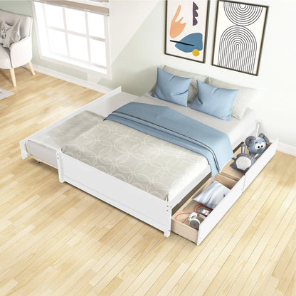 Full Size Platform Bed with 4 Storage Drawers, Solid Wood Bed Frame with Headboard and Slat Support, Storage Bed Frame for Kids Adults Bedroom, Easy Assembly, White