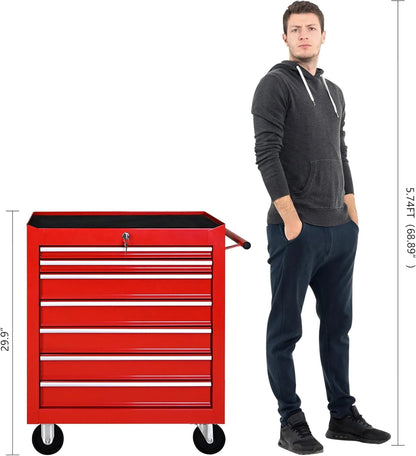 DSstyles Tool Chests, 7-Drawer Rolling Tool Storage Cabinet with Detachable Tray, Multi-Functional Handles, Adjustable Shelves, Secure Locking System, Heavy-Duty Wheels, Ideal for Garage, Workshop