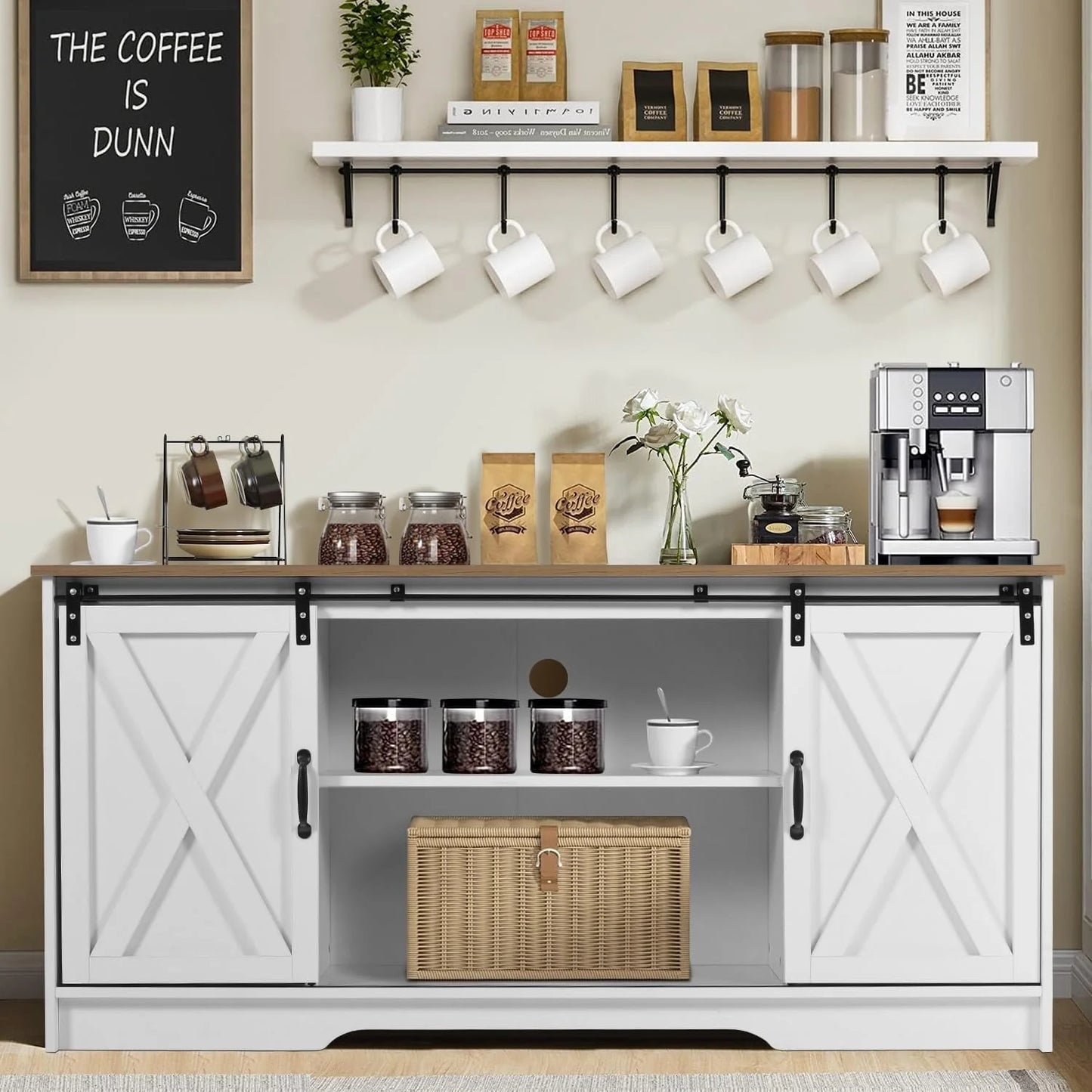 Catrimown Farmhouse Coffee Bar Cabinet with Storage, 58" Sideboard Buffet Cabinet with Storage, Sideboard Cabinet for Living Room, White