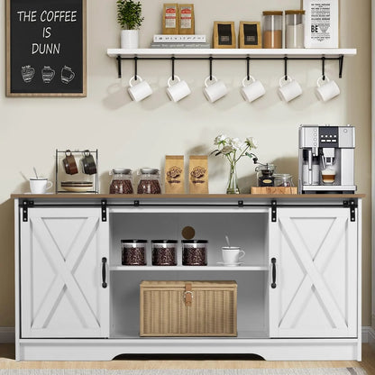 Catrimown Farmhouse Coffee Bar Cabinet with Storage, 58" Sideboard Buffet Cabinet with Storage, Sideboard Cabinet for Living Room, White