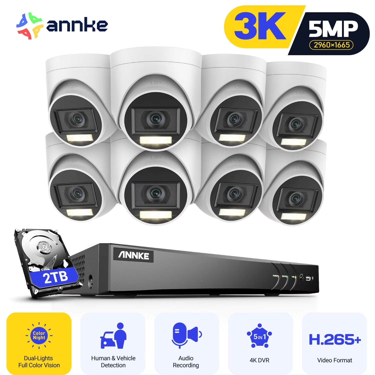 ANNKE 8CH Security Camera System, H.265+ 5-in-1 4K DVR Recorder with AI Human/Vehicle Detection, 8X 3K IP67 CCTV Turret Cameras with Smart Dual Light, Built-in Mic, 100ft Colour Night Vision, NO HDD ?