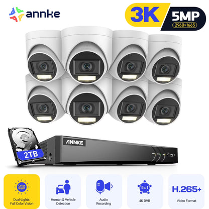 ANNKE 8CH Security Camera System, H.265+ 5-in-1 4K DVR Recorder with AI Human/Vehicle Detection, 8X 3K IP67 CCTV Turret Cameras with Smart Dual Light, Built-in Mic, 100ft Colour Night Vision, NO HDD ?
