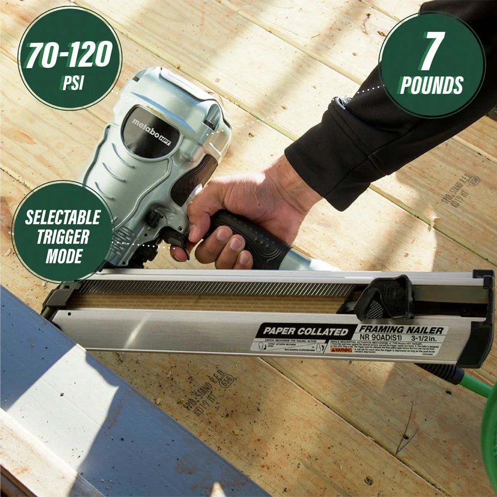 Metabo HPT Framing Nailer, Pro Preferred Brand of Pneumatic Nailers, 30 Degree Magazine, Accepts 2-Inch to 3-1/2-Inch Paper Collated Nails, Ideal for Framing, Truss Build Up, Wall Sheathing, NR90ADS1