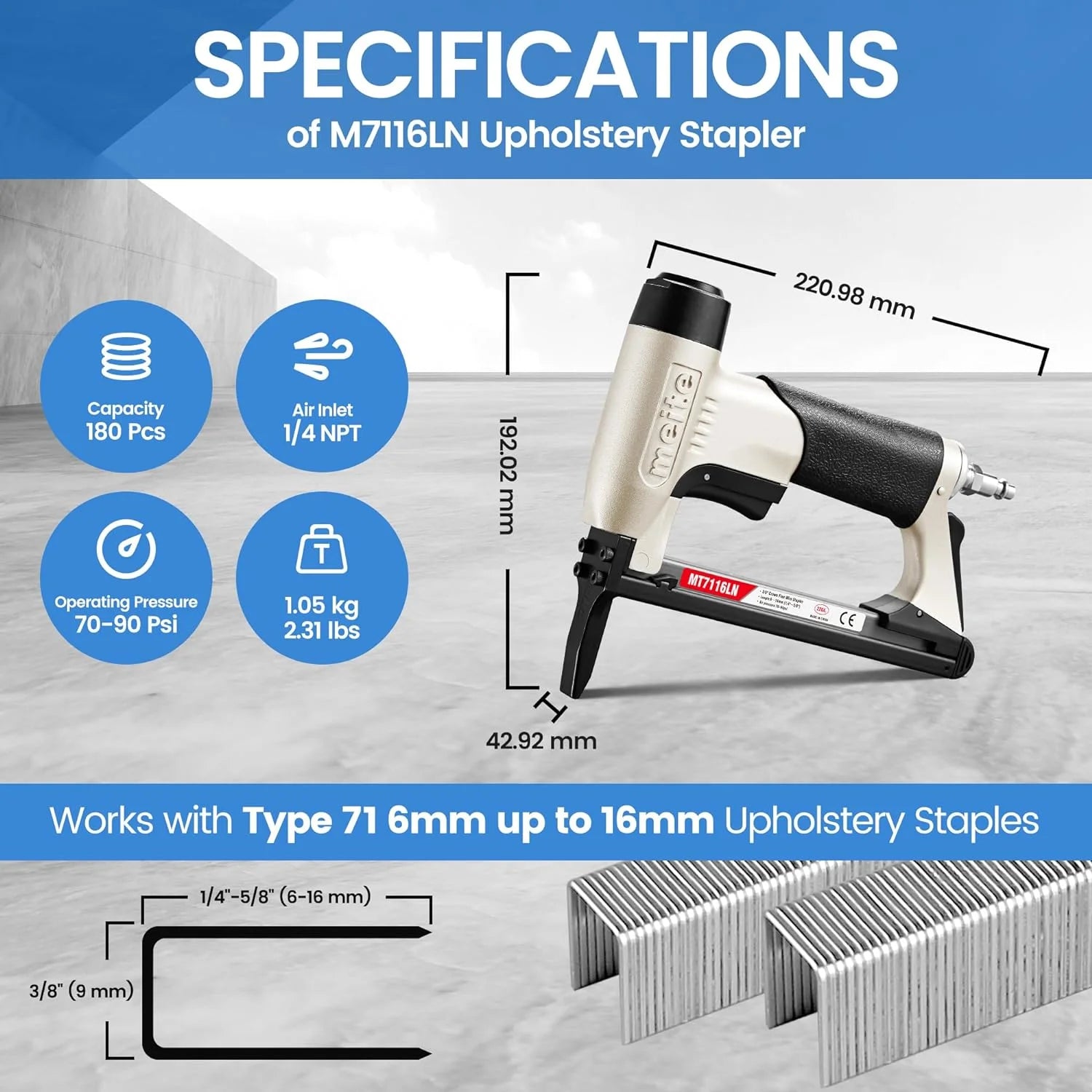 MEITE MT7116LN Pneumatic Staple Gun with Long Nose 22 Gauge 3/8" Crown 1/4" to 5/8" Length 71 Series