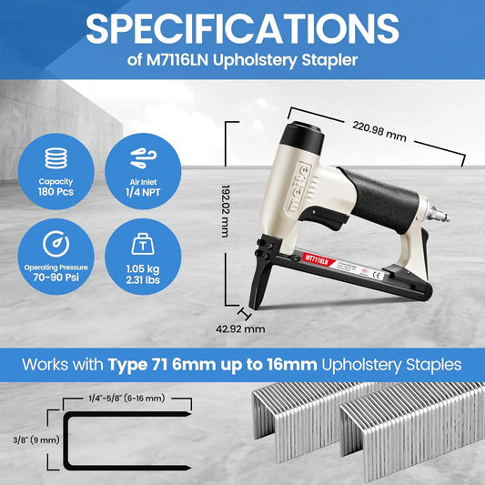 MEITE MT7116LN Pneumatic Staple Gun with Long Nose 22 Gauge 3/8" Crown 1/4" to 5/8" Length 71 Series